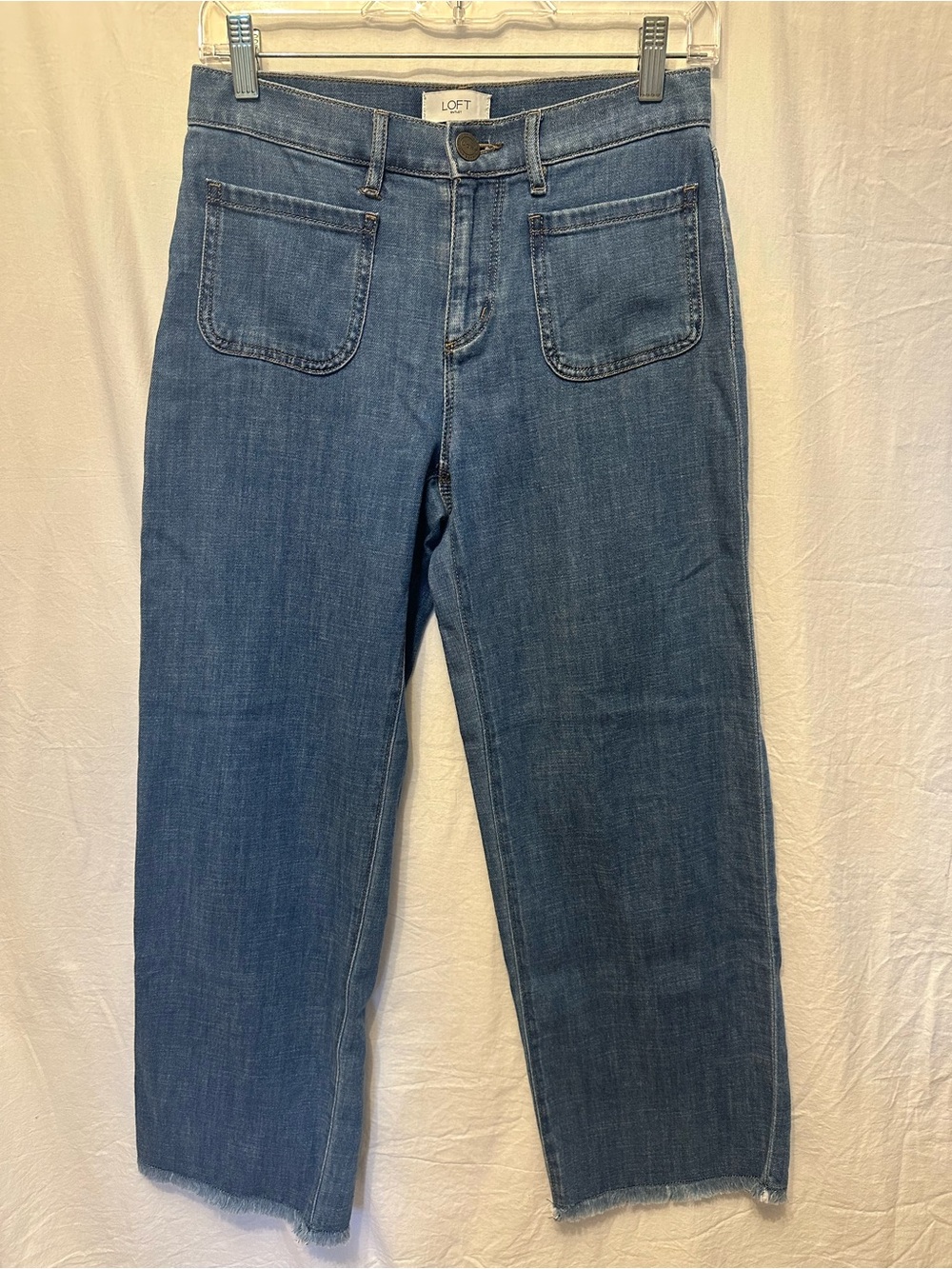 LOFT High Rise Wide Leg Crop Jeans Size 0 Raw Hem Patch Pocket